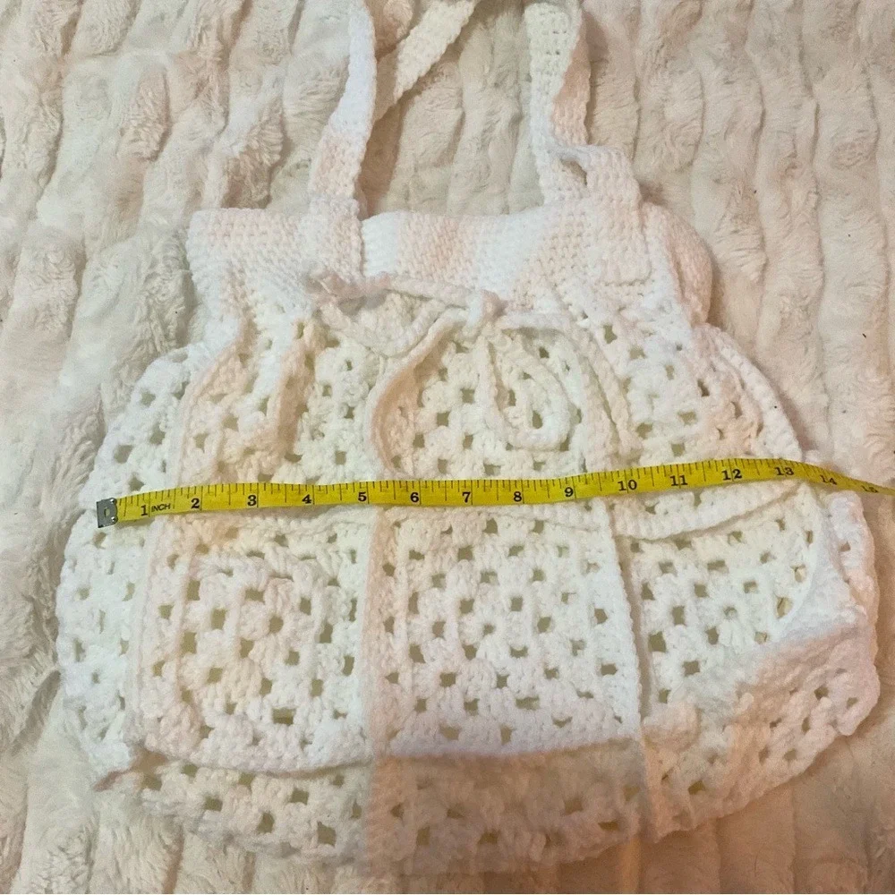 Handmade White Crochet Granny Square Tote Bag Lined Boho Drawstring Shoulder Bag
